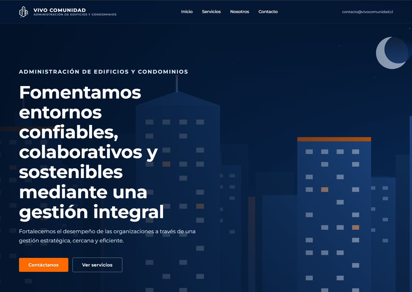 Portada del sitio vivocomunidad.cl: ilustración nocturna de edificios y el mensaje de administración de edificios y condominios